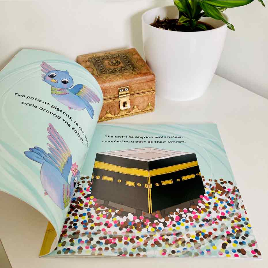 Two Pigeons on a Pilgrimage: A Hajj Story. Contains a Hajj diagram, Activities and a Glossary of 40 words!