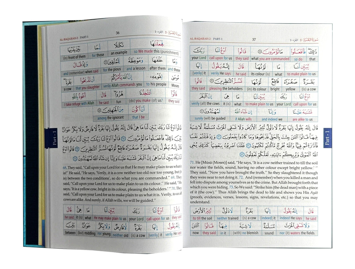 Study the Noble Quran Word-for-Word — authentic colour-coded Arabic and English interior spread