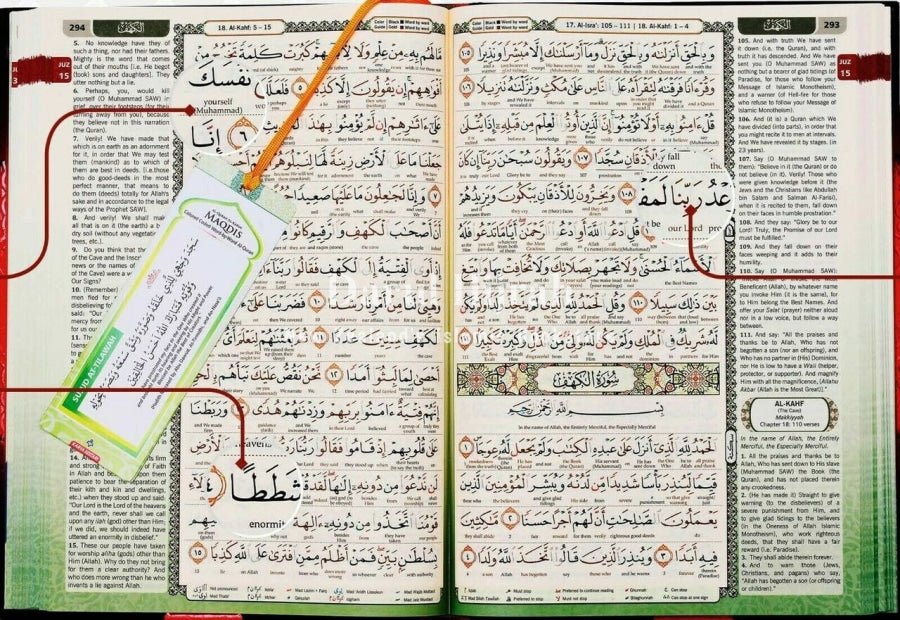 Maqdis Quran interior spread with Arabic text, word-by-word English translation and tajweed reference bookmark