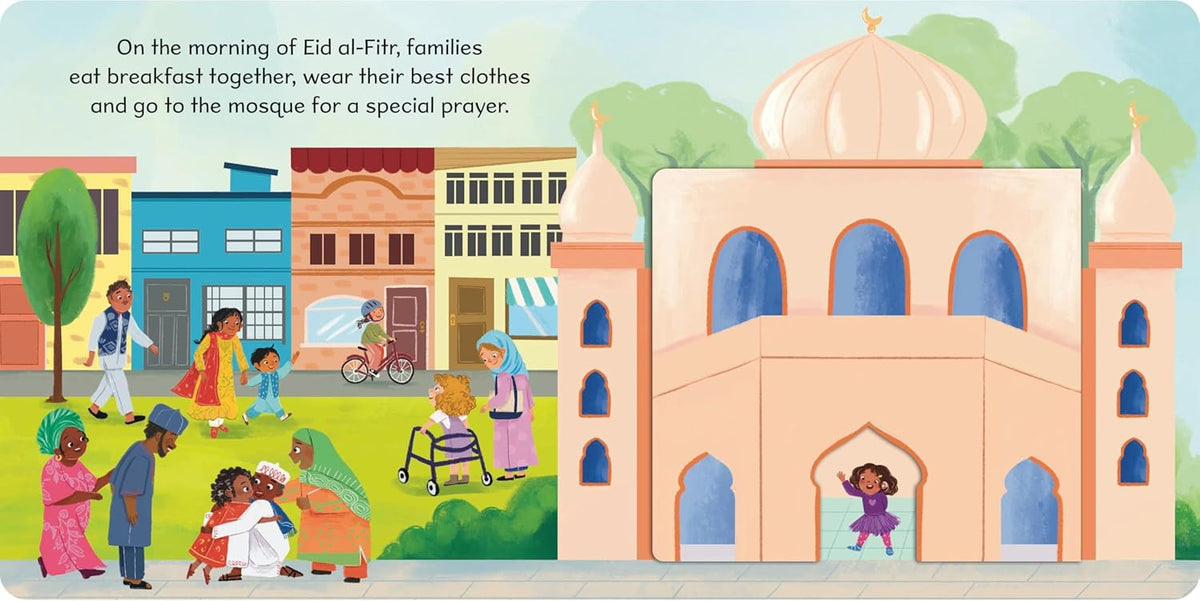 First Festivals: Eid interior – families visiting the mosque with flap closed