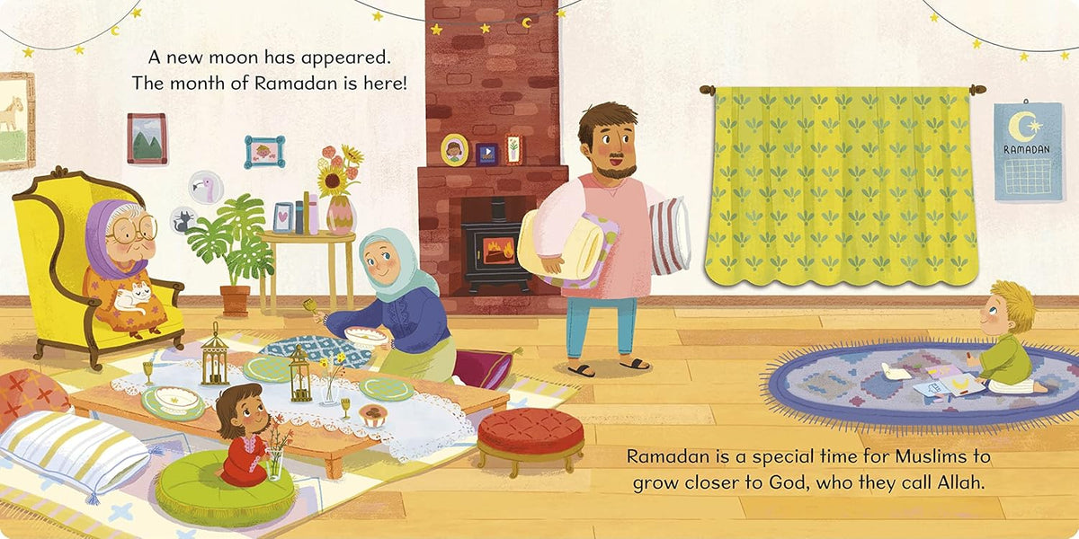 First Festivals: Ramadan interior – family welcoming Ramadan with curtain flap