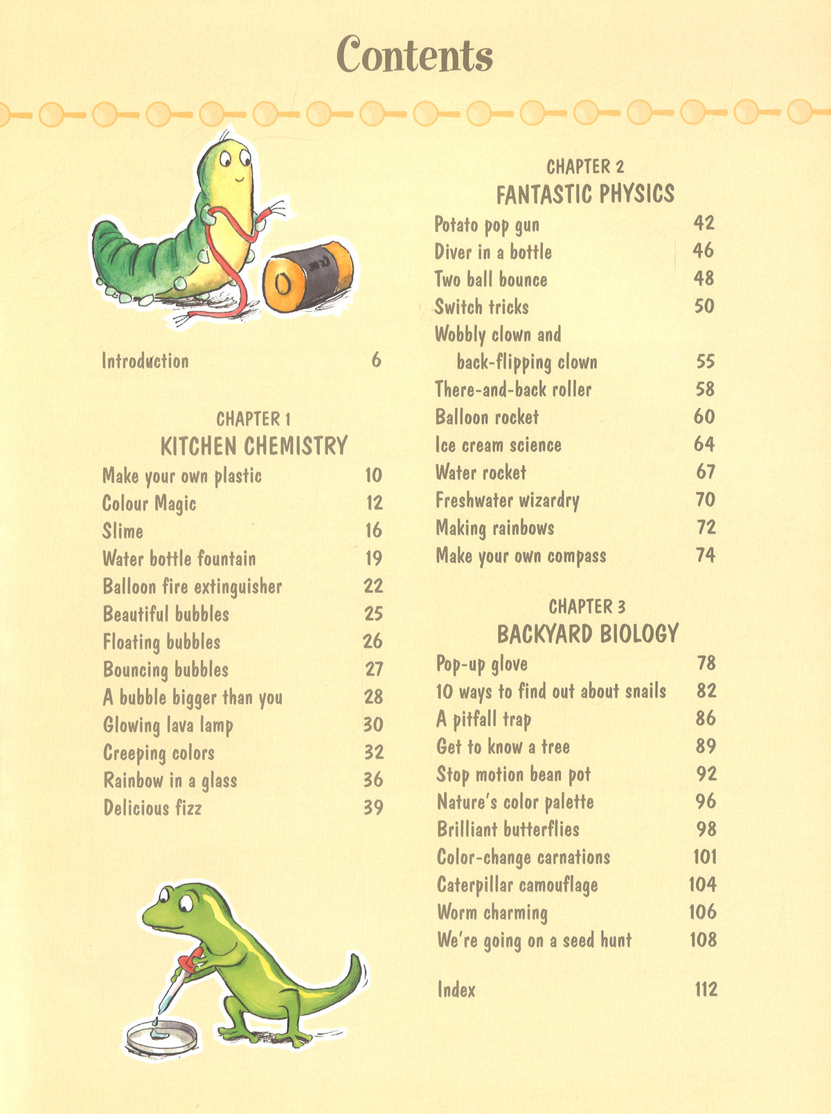 My First Science Book – contents page showing chemistry, physics and biology projects