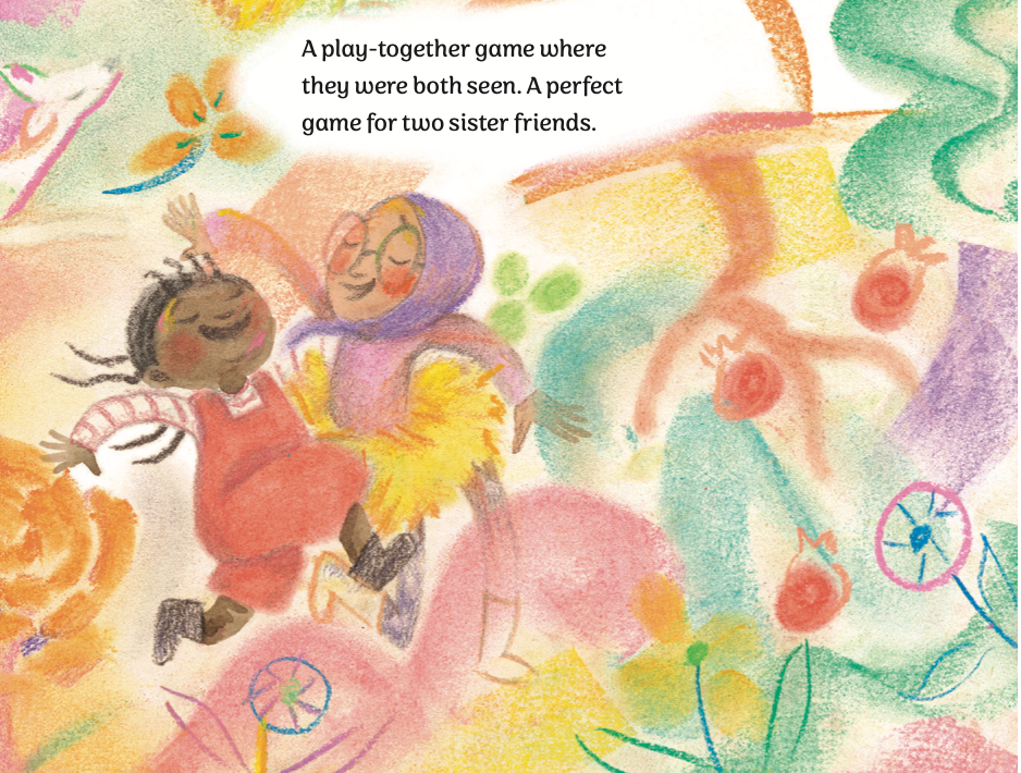 Sister Friend interior preview – two friends playing together in a colourful garden