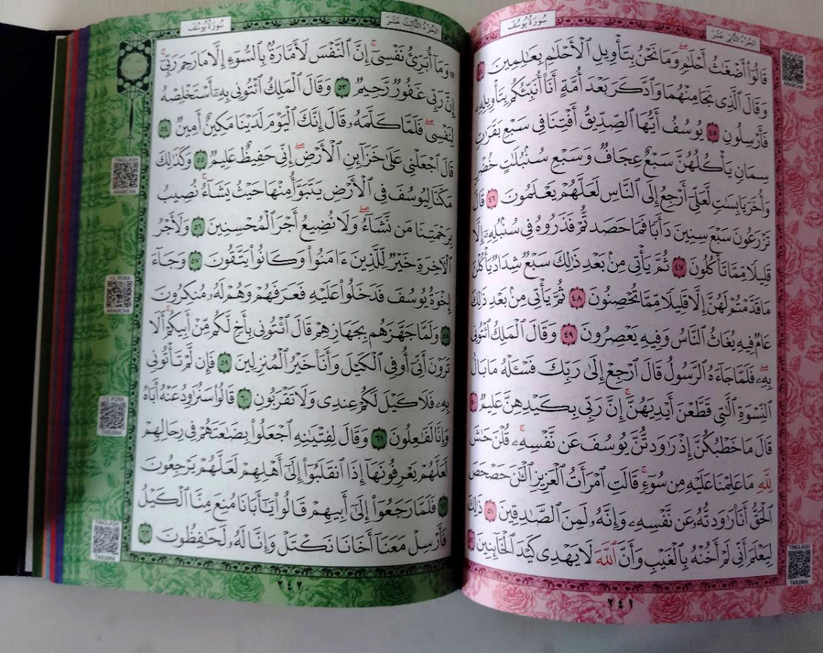 Original Arabic inside pages with green and pink borders — brightness and contrast adjusted only
