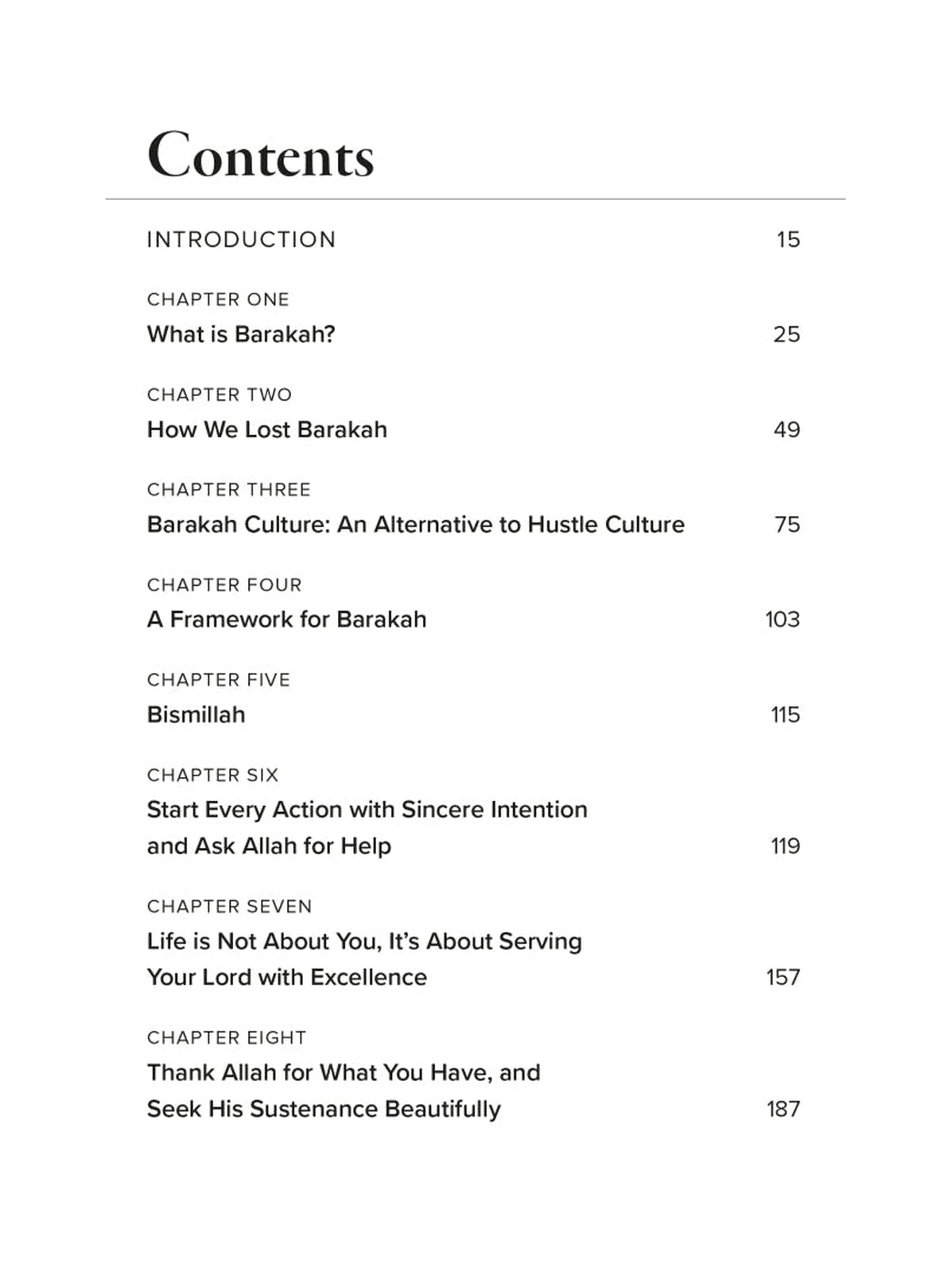 The Barakah Effect — contents page showing chapters on barakah, intention and gratitude
