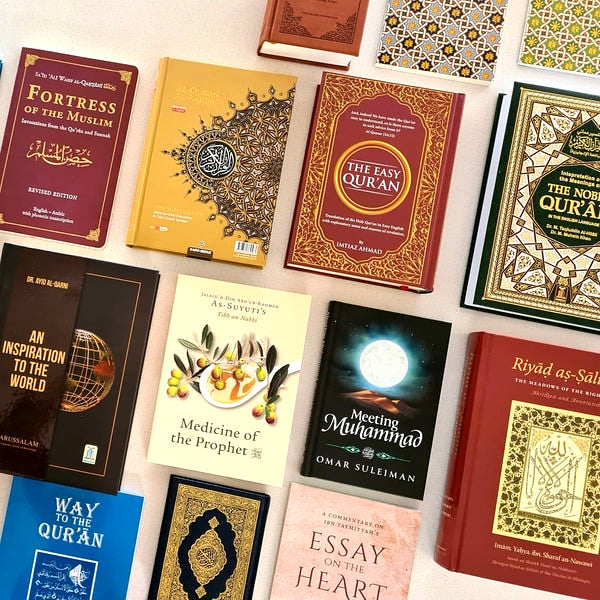 Original grouped photograph of Islamic books for the heart, gently brightened