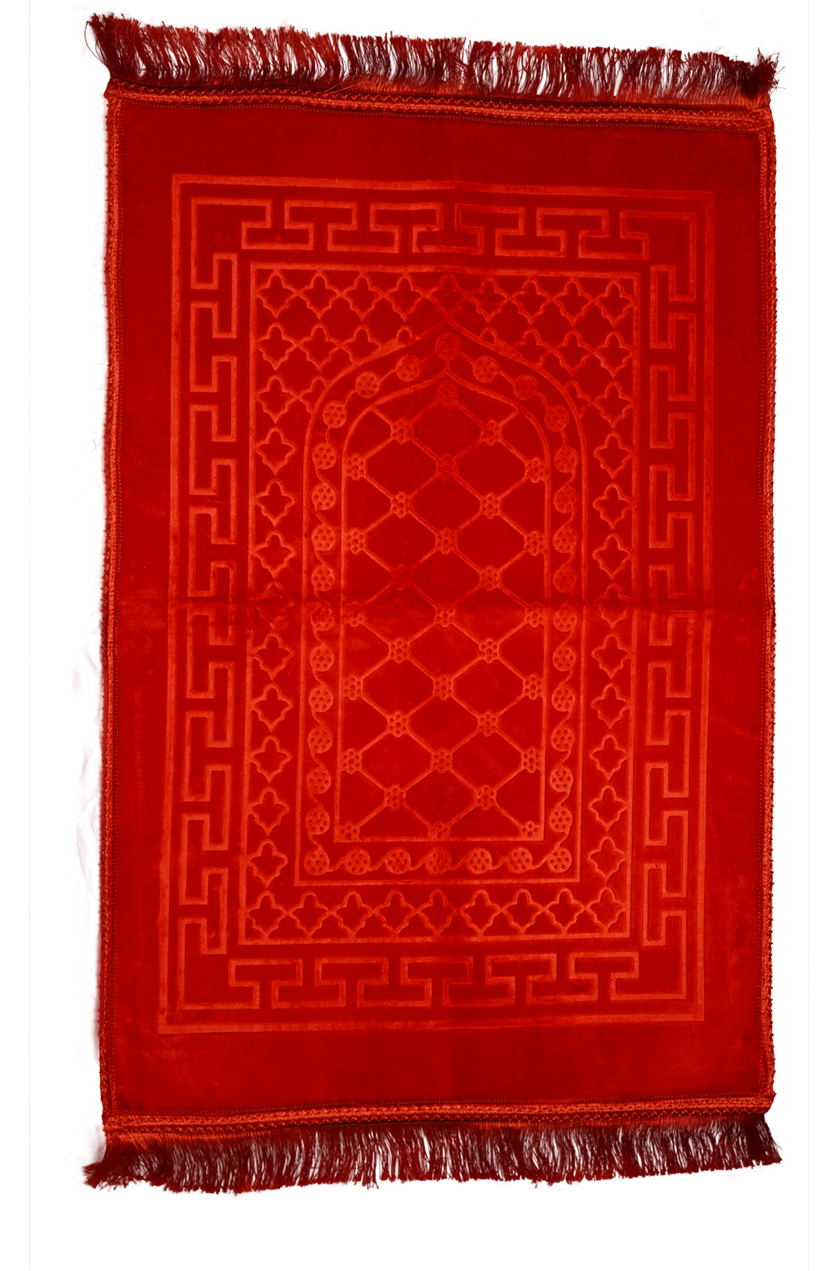 Red fancy foam prayer mat — front view