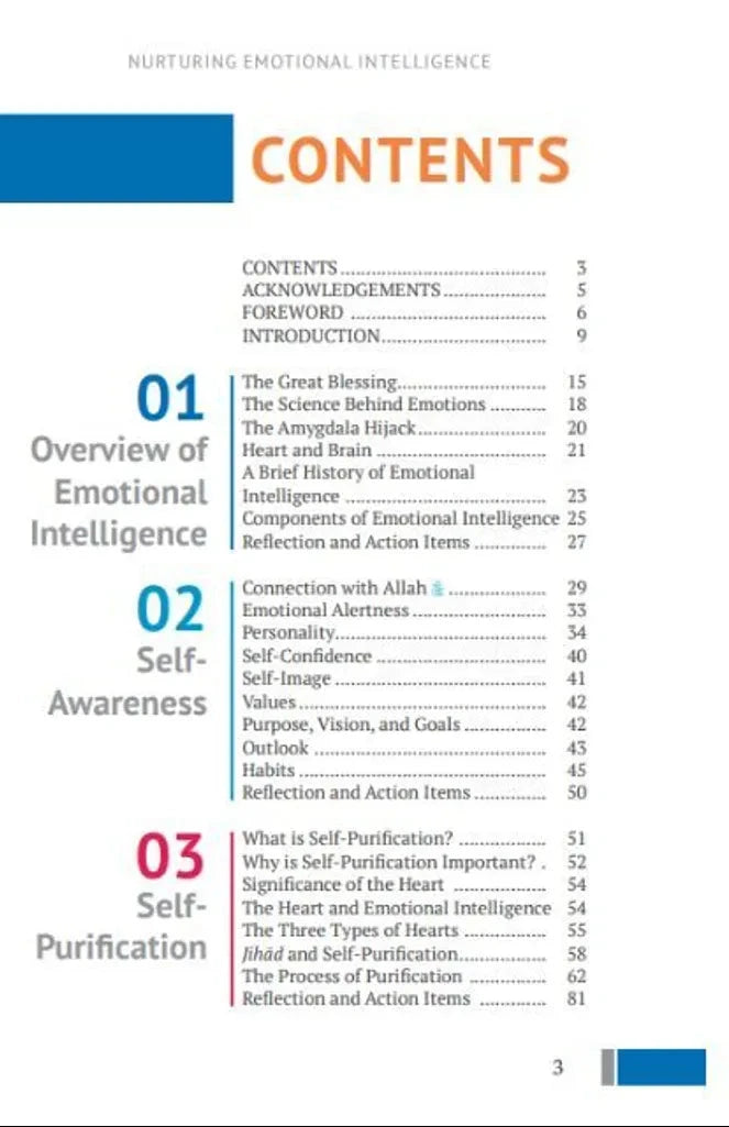 Contents page of Nurturing Emotional Intelligence showing self-awareness and self-purification topics