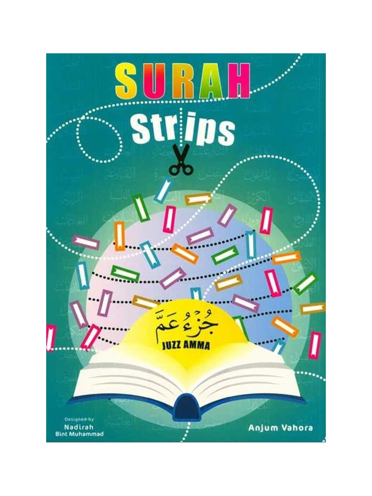 Surah Strips Juzz Amma by Anjum Vohra, teal front cover with colourful strips and illustrated open book